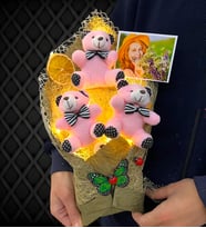 Led Işıklı Fotoğraflı Pembe Ayıcıklı Büyük Boy Peluş Ayıcık Buketi (Model 1)