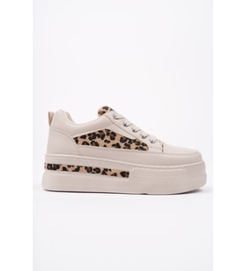 Muggo ZARİNA Kadın Kalın Taban Leopar Desenli Bağcıklı Günlük Sneaker Spor Ayakkabı (Ten)