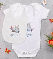 BK Kids Kişiye Özel İsimli Bebek Body Zıbın ve Mama Önlüğü Hediye Seti - Model 18