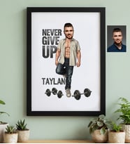 Kişiye Özel Karikatürlü Never Give Up Motivasyon Siyah Çerçeve Doğum Günü Hediyesi