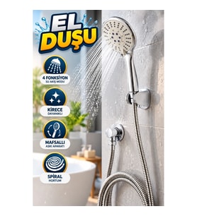Kirece Dayanıklı Çok Fonksiyonlu El Duşu Seti – Spiral Hortum ve Mafsallı Askı