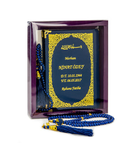 50 ADET - İsim Baskılı Ciltli Yasin Kitabı - Çanta Boy - 128 Sayfa - Kutulu - Vavlı İnci Tesbih - Lacivert Renk - Hediyelik Set