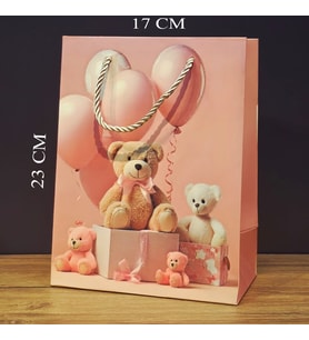 Ayıcık Desenli Pembe Küçük Boy Karton Hediye Çantası