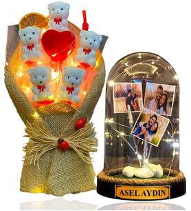 Kişiye Özel LED Işıklı 3 Fotoğraflı Yazılı Fanus & LED Işıklı Ayıcık Buketi