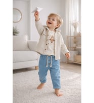 Roket Baskılı Müslin Kumaş Kapüşonlu Bebek Erkek Üçlü Takım Set Babyhola (Mavi)