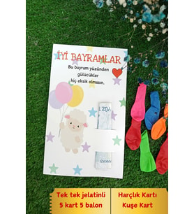 5 Adet Bayram Hediyesi - Kuzucuk Harçlık Kartı & Renkli Balonlu - Kurban Bayramı