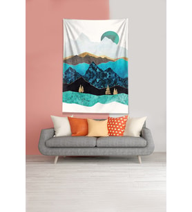 Beyaz Dağın Ardındaki Ay Leke Tutmaz Kadife Kumaş Duvar Örtüsü Duvar Halısı Tapestry