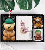 Bearista Şapkalı Pipetli Ayıcık Cam Bardak & Özel Tasarım Kupa & Tasarım Defter & Ayıcık Anahtarlık Hediye Seti (Bej)