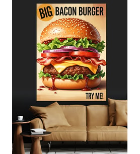 "Big Bacon Burger" Retro İlanı Dekoratif Kanvas - Mdf Ahşap Tablo