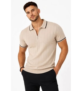 Erkek Fitilli Triko T-shirt Polo Yaka Yarım Fermuarlı Kısa Kollu Tişört - Bej