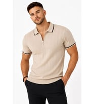 Erkek Fitilli Triko T-shirt Polo Yaka Yarım Fermuarlı Kısa Kollu Tişört - Bej