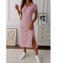 Kadın Kısa Kollu Yakalı Yandan Yırtmaçlı Kalın Fitilli Kaşkorse Elbise (Pembe)