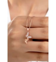 Kadın Orjinal 925 Ayar Gümüş Zirkon Taşlı Kelebek Model Kolye (Rose)