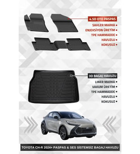 Sahler Toyota C-HR 2 2023+ Uyumlu 4.5D Premium Havuzlu Oto Paspas ve Liner Marka 3D SES SİSTEMSİZ Bagaj Havuzu