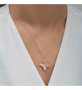 Gümüş Rose Kelebek Kadın Kolye