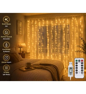 10 Sarkıtlı 8 Modlu 3x3 Metre Gün Işığı Perde LED Işık USB Kumandalı Yılbaşı Parti Aydınlatması