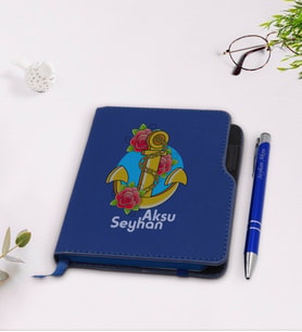 BK Gift Kişiye Özel Çapa Tasarımlı Lacivert Termo Deri Defter Kalem Seti-4