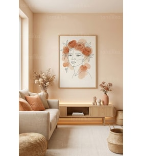 Çiçek Taçlı Kadın Line Art Dekoratif Ahşap Çerçeveli Tablo – Boho Modern Duvar Dekoru