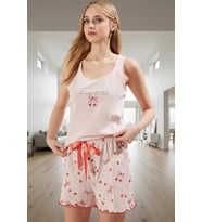 Kadın Yazlık Pamuklu Kiraz Desenli Pijama Takımı Rahat Homewear Seçkin Malzeme Dayanıklı (Pembe)