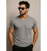 Erkek %100 Pamuk Kısa Kollu V Yaka Gri T-shirt