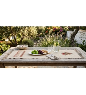 %100 El İşlemeli Hesap İşi Bodrum Keten Runner Örtü 86x36 cm Püskül 10cm