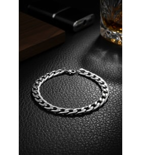 Premium Kalem İşlemeli Gurmet Zincir Erkek Bileklik - Gümüş Renk, Klasik Kalın Tasarım (19 cm)