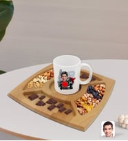 BK Gift Kişiye Özel Şövalye Karikatürlü Beyaz Kupa ve Doğal Masif Ahşap 4 Bölmeli Sunum Tabağı Çerezlik Hediye Seti-2
