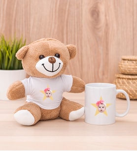 Kişiye Özel Pembe Yıldız Kafa Fotoğraflı Peluş Ayı ve Beyaz Kupa