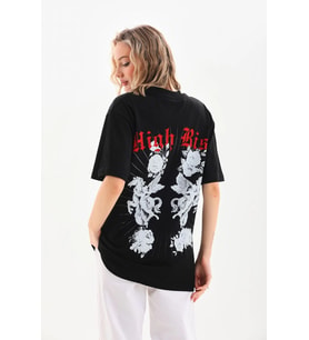 Kadın Kısa Kol Yazlık Tişört Bisiklet Yaka Baskılı Oversize T-Shirt - Siyah