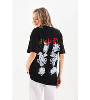 Kadın Kısa Kol Yazlık Tişört Bisiklet Yaka Baskılı Oversize T-Shirt - Siyah
