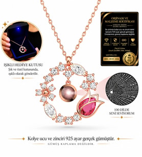 925 Ayar Gümüş Laleli 100 Dilde Seni Seviyorum Rose Zirkon Kolye - Büyük Boy LED Işıklı Takı Kutulu