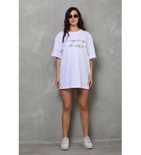 pilelistore- Unisex Bisiklet Yaka Baskılı Oversize T-Shirt - Beyaz
