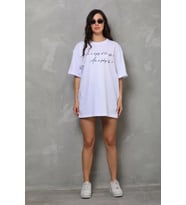 pilelistore- Unisex Bisiklet Yaka Baskılı Oversize T-Shirt - Beyaz