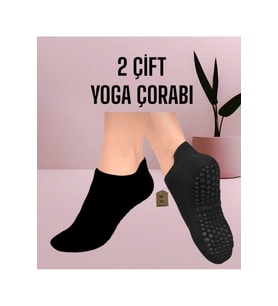 2 Çift Yoga Pilates Tavaf Dikişsiz Çorap Kadın Kaymaz Taban Pamuklu Silikon Baskılı Siyah