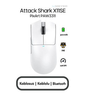 Attack Shark X11 Beyaz Şarjlı Makrolu Ergonomik Optik Kablolu/Kablosuz Oyuncu Mouse Outlet