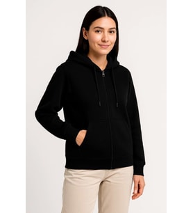 Üç İplik Kapüşonlu Tam Fermuarlı Kanguru Çepli SweatShirt Hoodie - Siyah