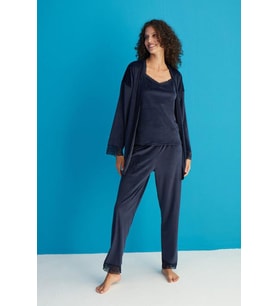 Kadın 13402-1 Dantelli Sabahlık Kadife Pijama Takım