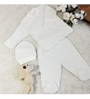 Bebek 3lü takım puantiye desenli %100 pamukludur. üst+alt+şapka seti (Doğal Beyaz)