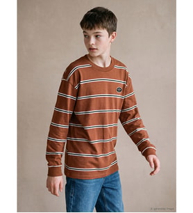 LCW Kids Kahverengi Bisiklet Yaka Çizgili Erkek Çocuk Tişört
