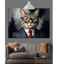 Takım Elbiseli Kedi Portresi Dekoratif Kanvas - Mdf Ahşap Tablo