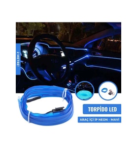 2 Metre Kristal Mavi Renk   Ip Led Araç Içi Ip  Torpido Şerit 12v Adaptörlü