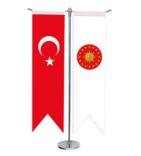 Masa Üstü Kırlangıç Cumhurbaşkanlığı + Türk Bayrağı + Krom T Direk Masa Bayrak Seti