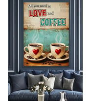 Love And Coffee İki Fincan Kahve Dekoratif Kanvas - Mdf Ahşap Tablo