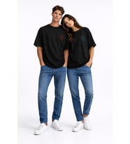 Sevgili Kombini Ateş Su Minimal Çift Tişört Oversize Unisex Partner Kombin Seti (Siyah)
