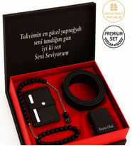 Erkek Hediye Seti – Kartlık, Kemer, Tesbih ve Çakmak  Özel Premium Kutu (Siyah-Siyah)