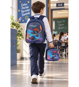 Kaykay Uzay İlkokul Okul Çantası Beslenme Çantası Sırt Çantası Simli 2'li Set 40 x 27 x 15 cm