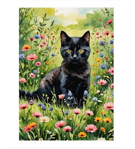 Renkli Çiçekler Ve Siyah Kedi Hediyelik Mdf Tablo