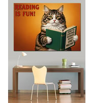 Şapkalı Kitap Okuyan Kedi Dekoratif Kanvas - Mdf Ahşap Tablo