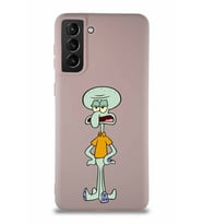 Samsung Galaxy S21 Plus Soft Premier Kapak Squidward Dokunaç Tasarımlı Silikon Kılıf - Pudra (Şeffaf)