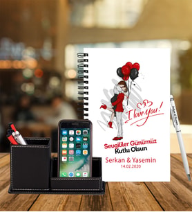 Sevgililer Gününe Özel Ahşap Defter Kalem & Deri Kaplama Kalemlik Hediye Seti 18